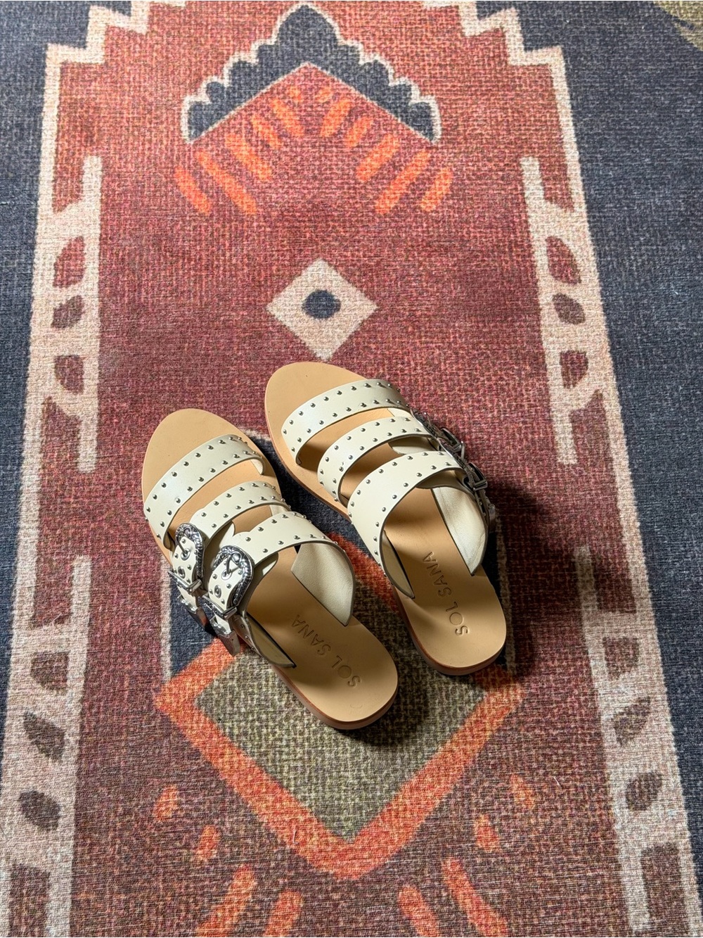 Sol Sana Cream Triple-Strap Studded Slide Sandals with Buckles